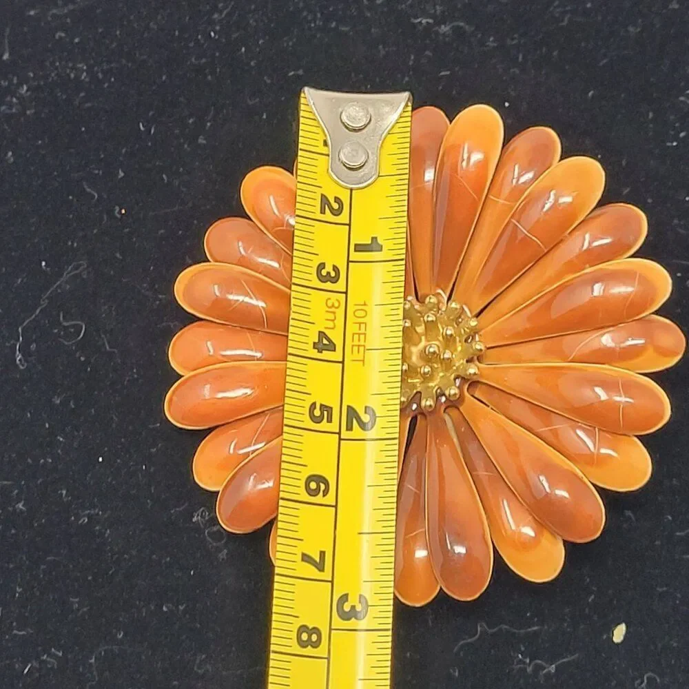 Vintage 60s‎ Brown Orange Enamel Flower Brooch Pin Mid-Century Mod Sunflower Lg